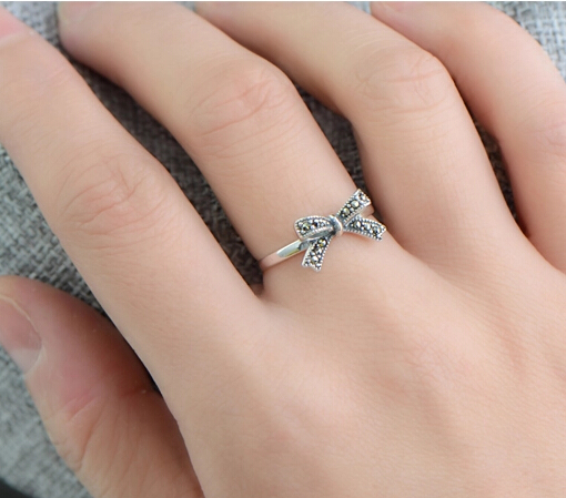 Retro S925 Silver Bow Knot Ring With Marcasite For Woman